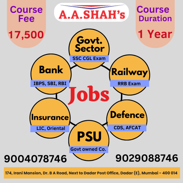 For prestigious and permanent jobs in Govt. sector, Bank, Railway, Insurance, Defence, PSU (Public Sector Undertaking) Govt. owned companies - coaching available at A A Shah's